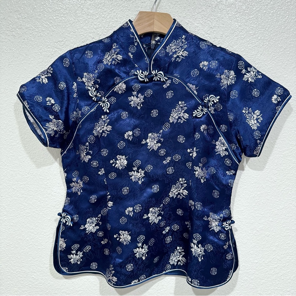 chinese blue asian oriental floral print satin short sleeve top blouse shirt